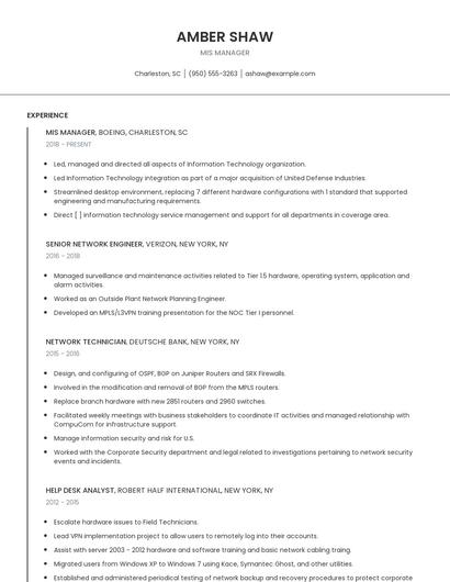 MIS Manager Resume