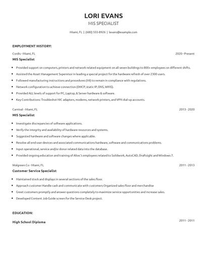 MIS Specialist Resume