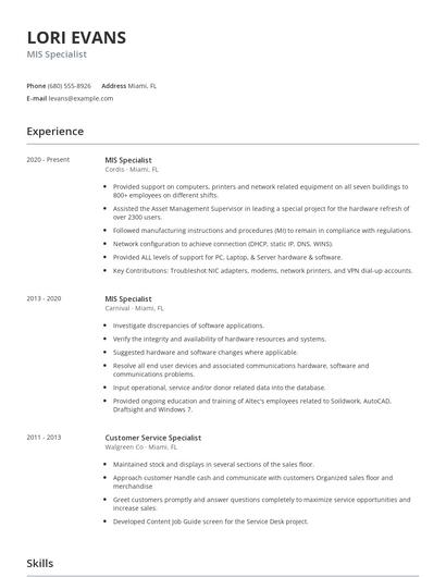 MIS Specialist Resume