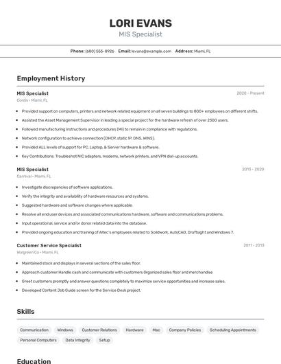 MIS Specialist Resume