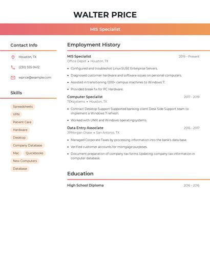 MIS Specialist Resume