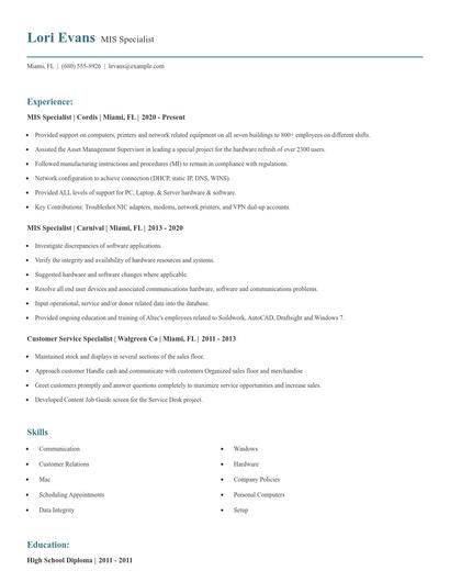 MIS Specialist Resume