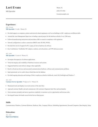 MIS Specialist Resume