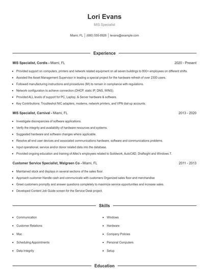 MIS Specialist Resume