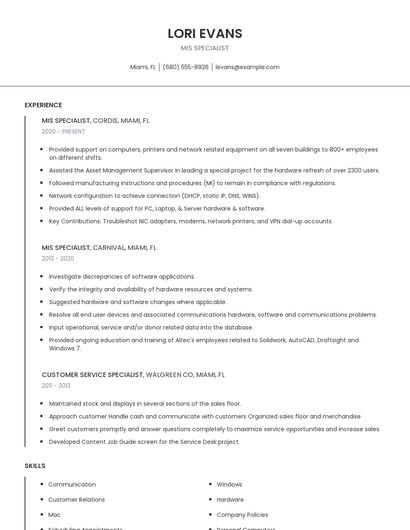 MIS Specialist Resume