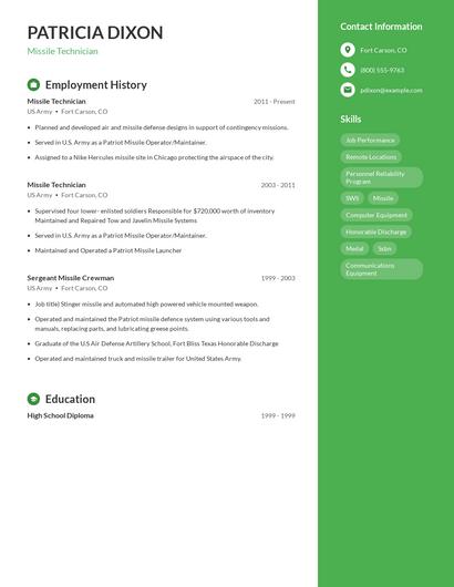 Missile Technician Resume