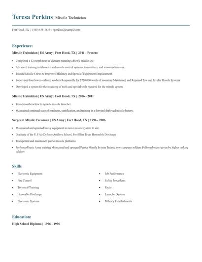 Missile Technician Resume