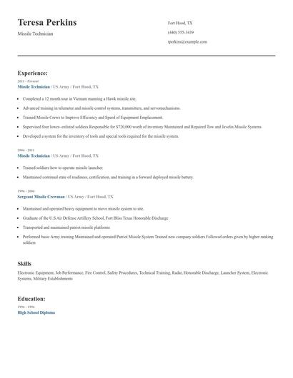 Missile Technician Resume
