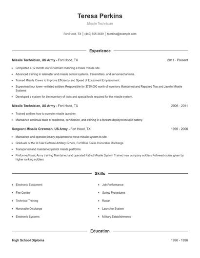 Missile Technician Resume
