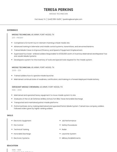 Missile Technician Resume