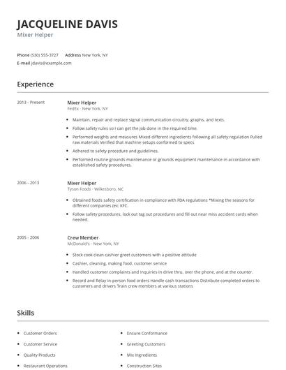 Mixer Helper Resume
