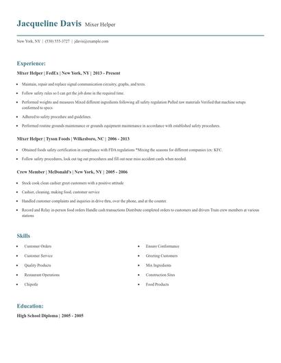 Mixer Helper Resume