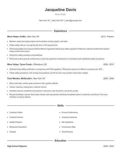 Mixer Helper Resume