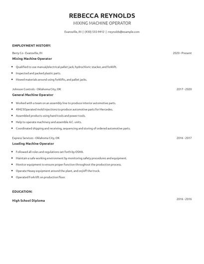Mixing Machine Operator Resume