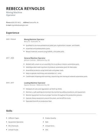 Mixing Machine Operator Resume