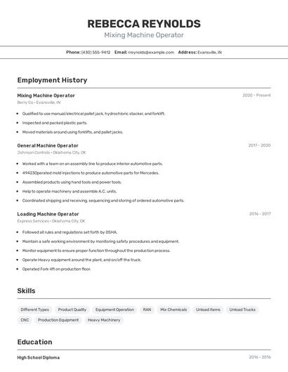 Mixing Machine Operator Resume