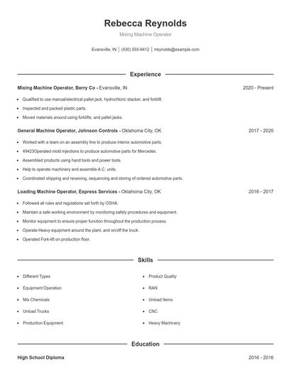 Mixing Machine Operator Resume