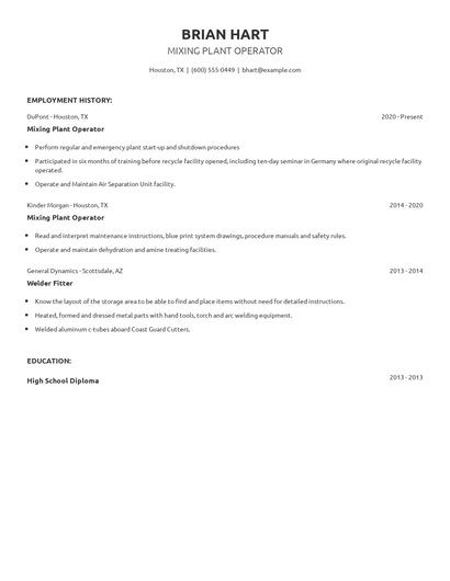 Mixing Plant Operator Resume