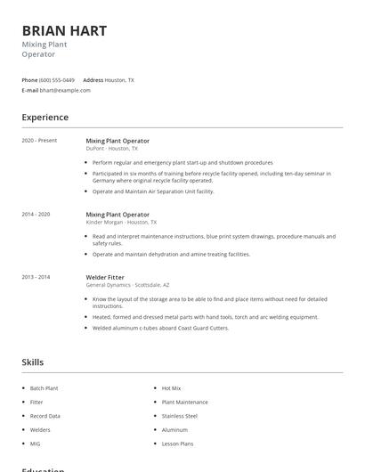 Mixing Plant Operator Resume