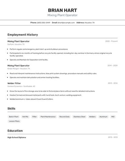 Mixing Plant Operator Resume