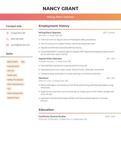 Mixing Plant Operator Resume