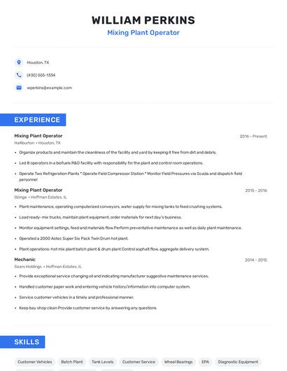 Mixing Plant Operator Resume