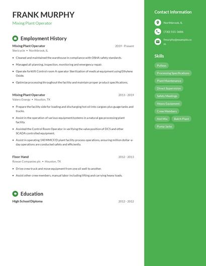 Mixing Plant Operator Resume