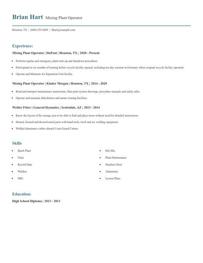 Mixing Plant Operator Resume