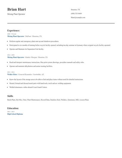 Mixing Plant Operator Resume