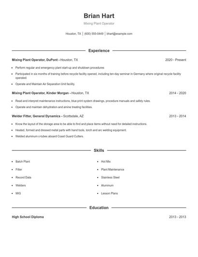 Mixing Plant Operator Resume