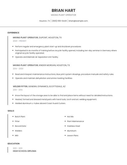 Mixing Plant Operator Resume