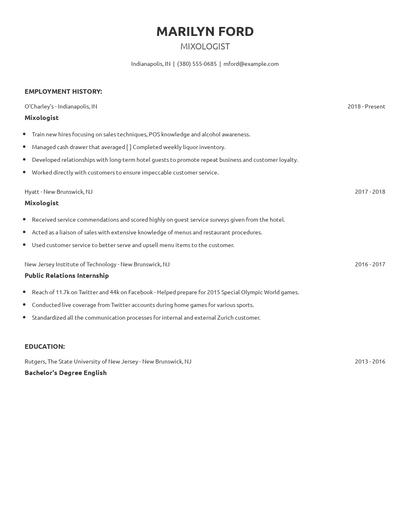 Mixologist Resume