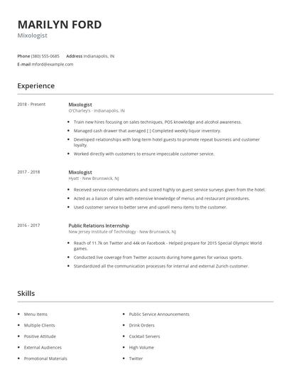 Mixologist Resume