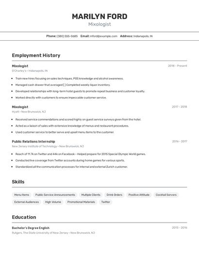 Mixologist Resume