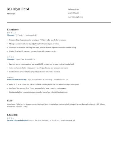 Mixologist Resume