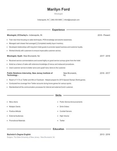 Mixologist Resume