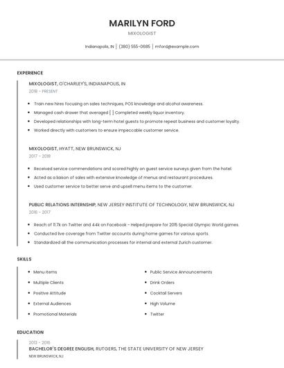 Mixologist Resume