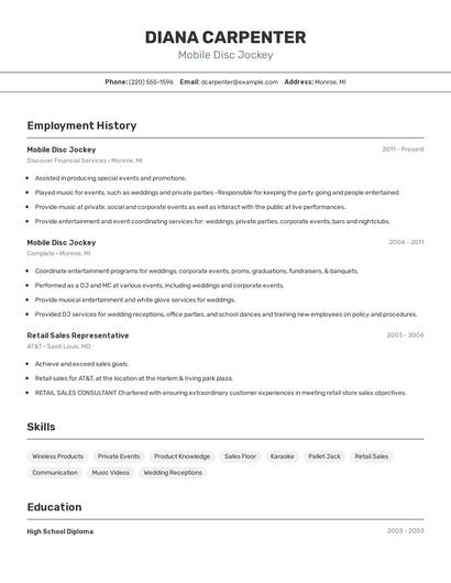 Mobile Disc Jockey Resume