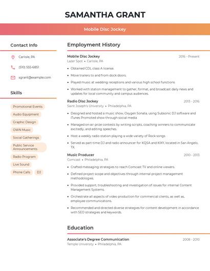 Mobile Disc Jockey Resume