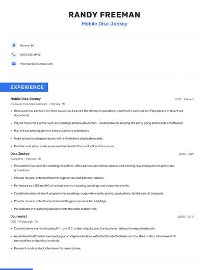 Mobile Disc Jockey Resume