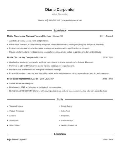Mobile Disc Jockey Resume