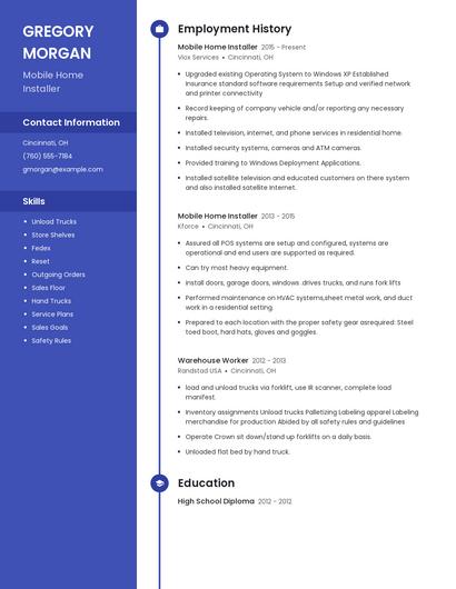Mobile Home Installer Resume
