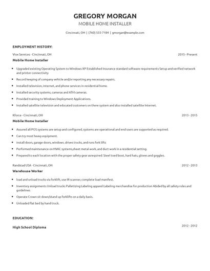 Mobile Home Installer Resume