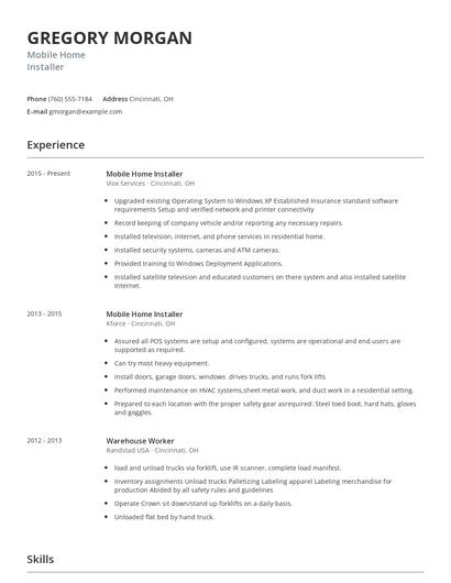 Mobile Home Installer Resume