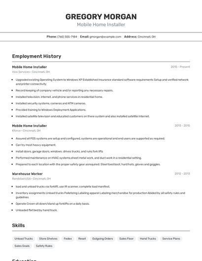 Mobile Home Installer Resume