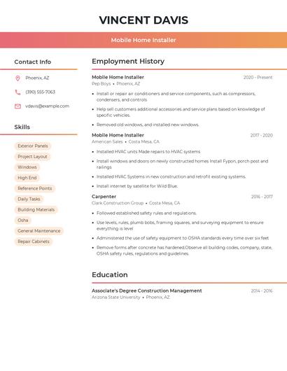 Mobile Home Installer Resume