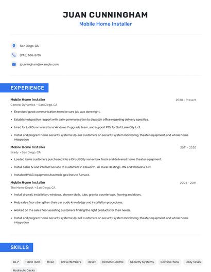 Mobile Home Installer Resume