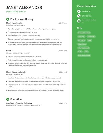 Mobile Home Installer Resume