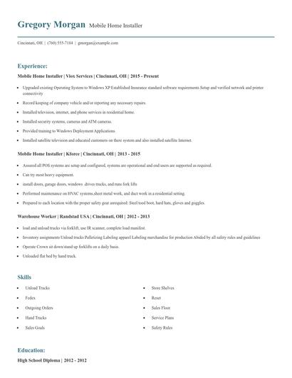 Mobile Home Installer Resume