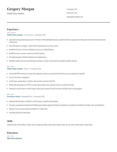 Mobile Home Installer Resume